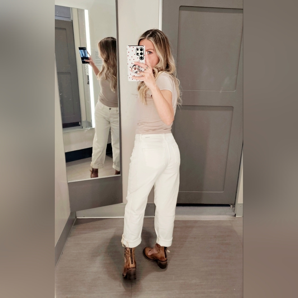 Risen High Rise Barrel Jeans Stretch Cuffed Relaxed Neutral Cream Various NEW - Picture 10 of 12